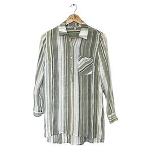 Nanette Lepore cream green stripe semi sheer blouse size small